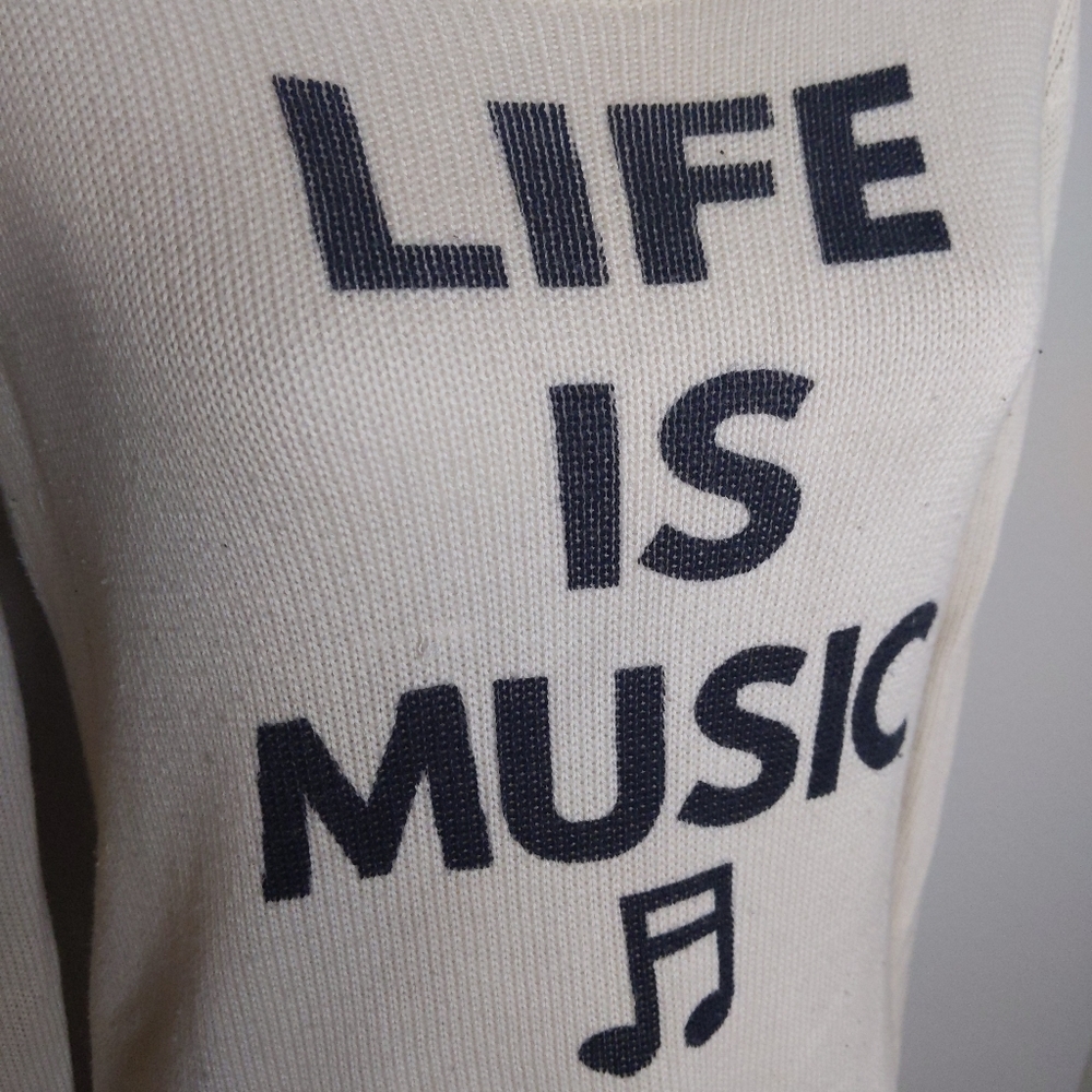 Hot Topic “Life Is Music” Beige Sweater Lace-Up Back Women’s Medium - Picture 6 of 11